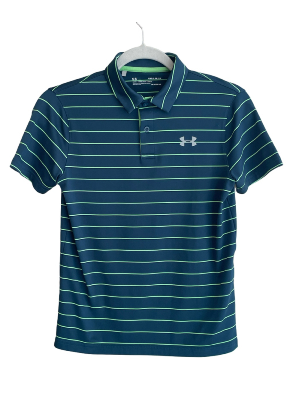 Under Armour Boys Youth M HeatGear Striped Golf Polo Navy Green Loose Fit
